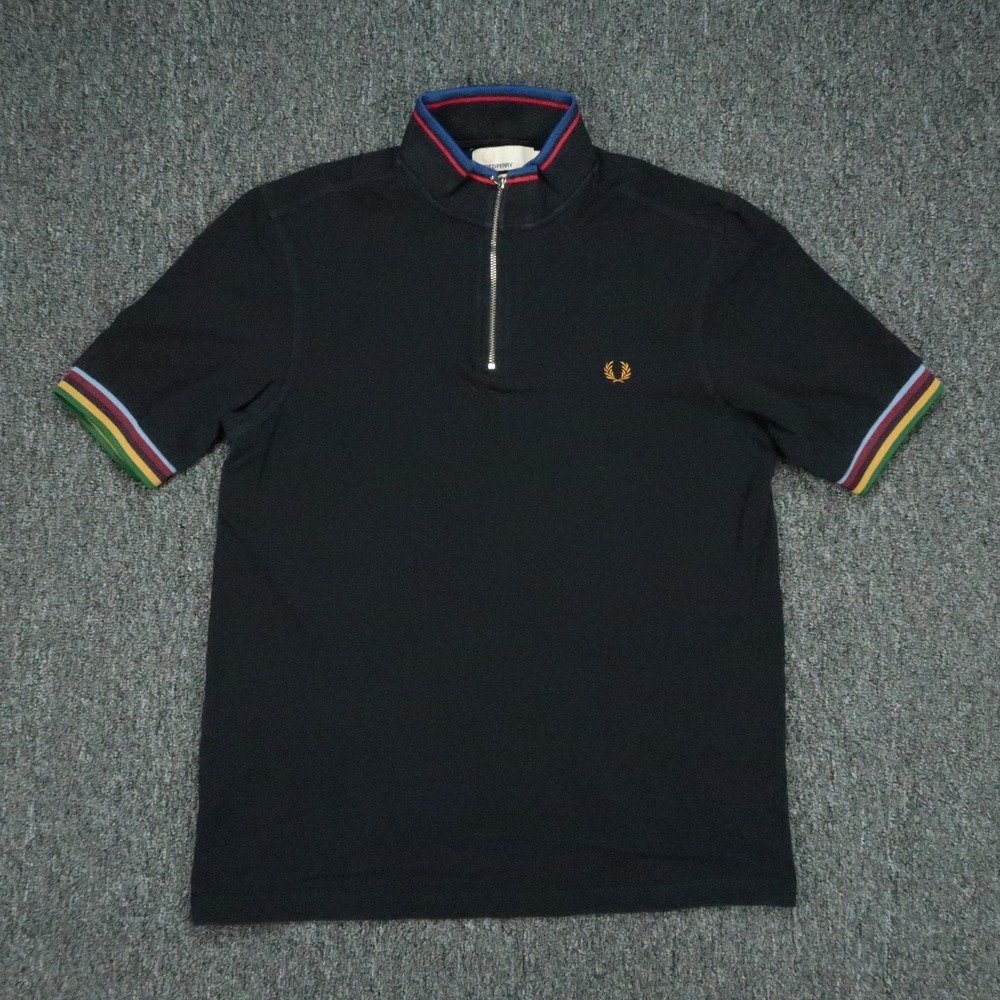 Fred Perry Shirt Mens Medium Black Bradley Wiggins Polo Short Sleeve 1/4 Zip